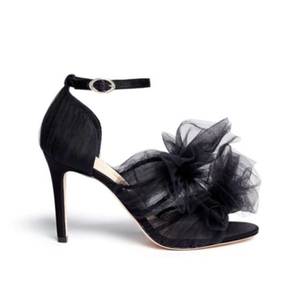 Isa Tapia Gigi Black Satin Tulle Oversized Bow Sandals Pumps Romantic, sz 37 - Picture 2 of 12